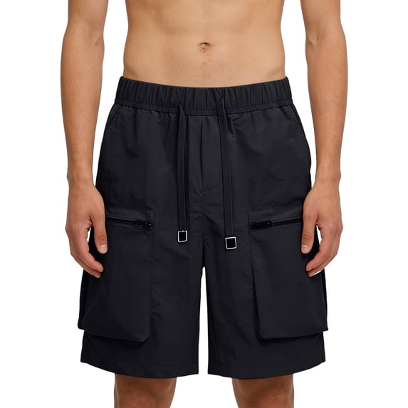 Cargo Short for Men with Multi Pockets Elastic Waistband Short Drawstring Ripstop Straight Leg Cargo Shorts Casual Loose Fit Hiking Running Outdoor Bottom,Black L