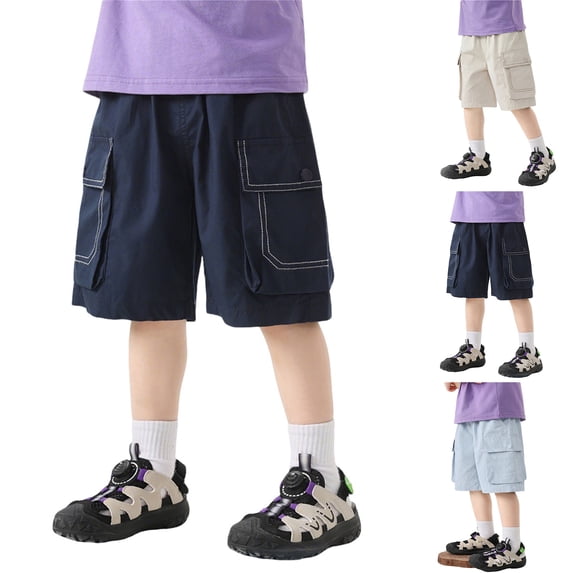 Cargo Shorts Boys Causal Elastic Waist Hiking Pants Navy Boys Shorts, Size 1-10 Years