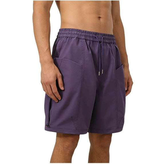 Cargo Shorts For Men Drawstring Elastic Waist Solid Color Pants Casual Loose Sports Athletic Work Shorts With Pockets (XXL, Purple)