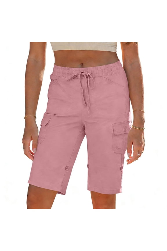 Cargo Shorts For Women Drawstring Elastic Waist Button Bermuda Shorts with Pockets Summer Casual Athletic Work Clothes Pink