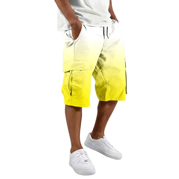 Cargo Shorts Lightweight Knee Length Casual Work Shorts Elastic Waist Summer Outdoor Hiking Pants with Pockets,Yellow XXL