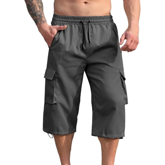 Cargo Shorts for Men Relaxed Fit 3/4 Long Shorts Below Knee Workout Hiking Summer Lightweight Elastic Waist Drawstring Capri Cargo Pants with Pockets Dark Gray M