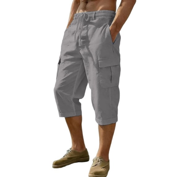 Cargo Shorts Men Under Knee Length Stretch Waist Loose Fit Linen Shorts Lightweight Breathable Workout Shorts for Beach