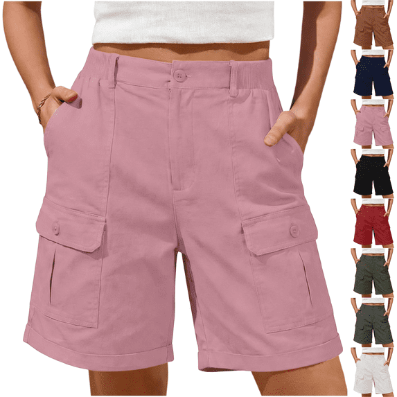 Cargo Shorts Women Bermuda Knee Length Long Hiking Pull on Shorts with Pockets Elastic Waist for Summer Casual Trendy Pink XL