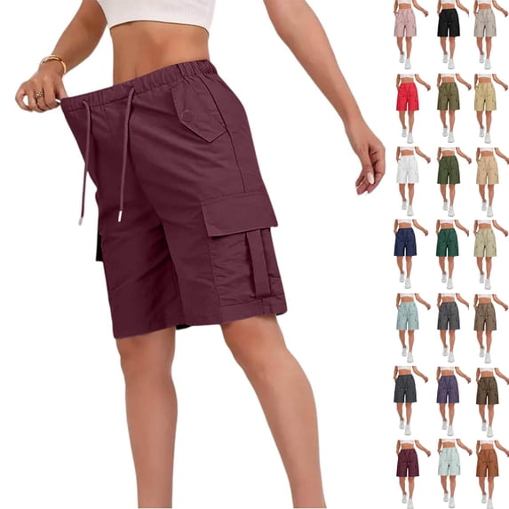 Cargo Shorts Women Bermuda Shorts Summer Quick Dry High Waisted Long Shorts Drawstring Pull on Knee Length Plus Size Ladies Athletic Hiking Shorts with Pockets Wine XL