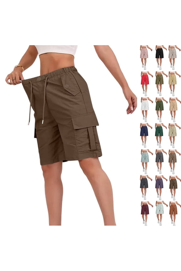 Cargo Shorts Women Bermuda Shorts Summer Quick Dry High Waisted Long Shorts Drawstring Pull on Knee Length Plus Size Ladies Athletic Hiking Shorts with Pockets Coffee L