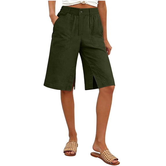 Cargo Shorts Women Cotton Linen Blend Bermuda Shorts with Side Slit High Waist Bottoms for Summer Beach Travel Casual Wear
