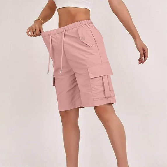 Cargo Shorts Women Drawstring Elastic Waist Bermuda Shorts Multi Pockets Casual Summer Knee Length Hiking Short