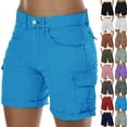thumbnail image 1 of Cargo Shorts Women Elastic Mid Rise Outdoor Hiking Athletic Button Twill Denim Knee Bermuda Plus Size Casual Lady Clothes W/Pockets Blue M 8" inseam, 1 of 8