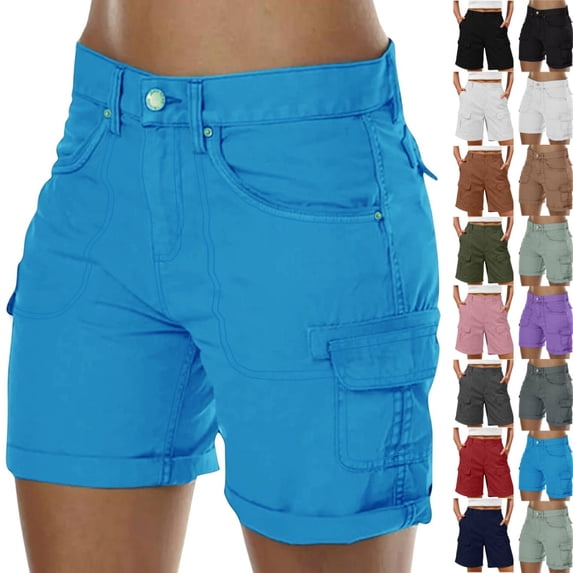 Cargo Shorts Women Elastic Mid Rise Outdoor Hiking Athletic Button Twill Denim Knee Bermuda Plus Size Casual Lady Clothes W/Pockets Blue M 8" inseam