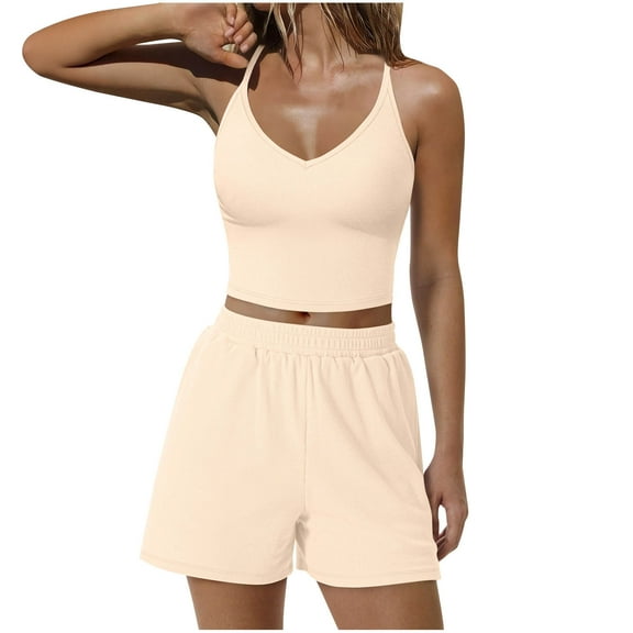 Cargo Shorts Women Fashion Casual Comfortable Solid Sleeveless V-Neck Blouse T-Shirt Short Pants Beige,2XL