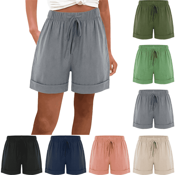 Cargo Shorts for Women High Rise Womens Shorts Solid Color Wide Leg Pants with Elastic Drawstring Waist Pockets Casual Shorts for Travel Vacation Outdoor Activities