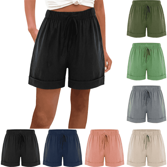 Cargo Shorts for Women High Rise Womens Shorts Solid Color Wide Leg Pants with Elastic Drawstring Waist Pockets Casual Shorts for Travel Vacation Outdoor Activities