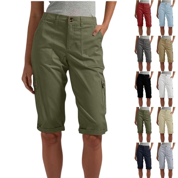 Cargo Shorts Women Knee Length Breathable Linen Bermuda Shorts with Pockets Elastic Waist Linen Capris Pedal Pushers Navy 2XL