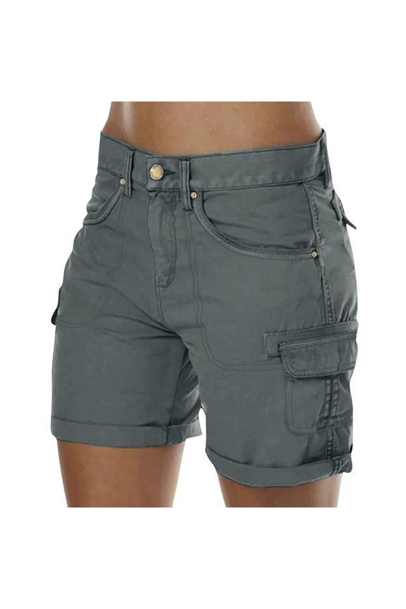 Cargo Shorts Women Summer High Waisted Bermuda Shorts Casual Trendy Hiking Elastic Waist Pant with Pockets Dark Gray M