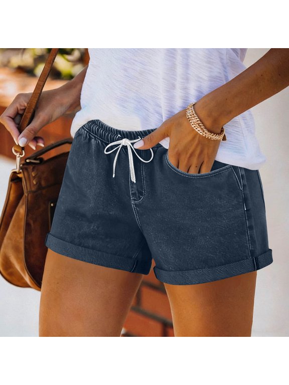 Cargo Shorts Women Summer Travel Shorts Drawstring Waist Cuffed Casual Shorts Loose Soft Stretchy Summer Daily Beach Short Pants Navy L