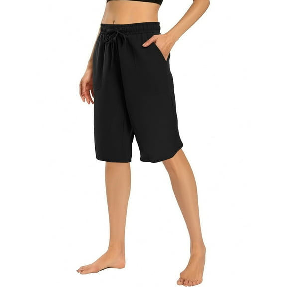 Cargo Shorts Women Women Lightweight Knee Length Pants with Pocket, Wide Leg Comfy Drawstring Elastic Waist Cotton Linen Loungewear Bermuda Shorts Black XL