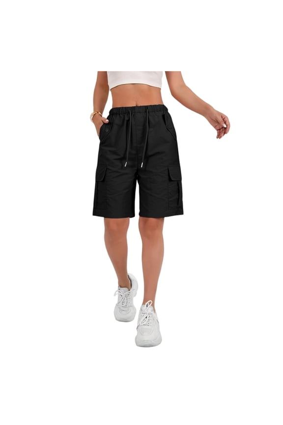 Cargo Shorts Womens Hiking Bermuda Golf Shorts Drawstring Multi-Pockets Fishing Trouser Shorts Trendy Knee Length Relaxed Fit Quick Dry Shorts Black XL