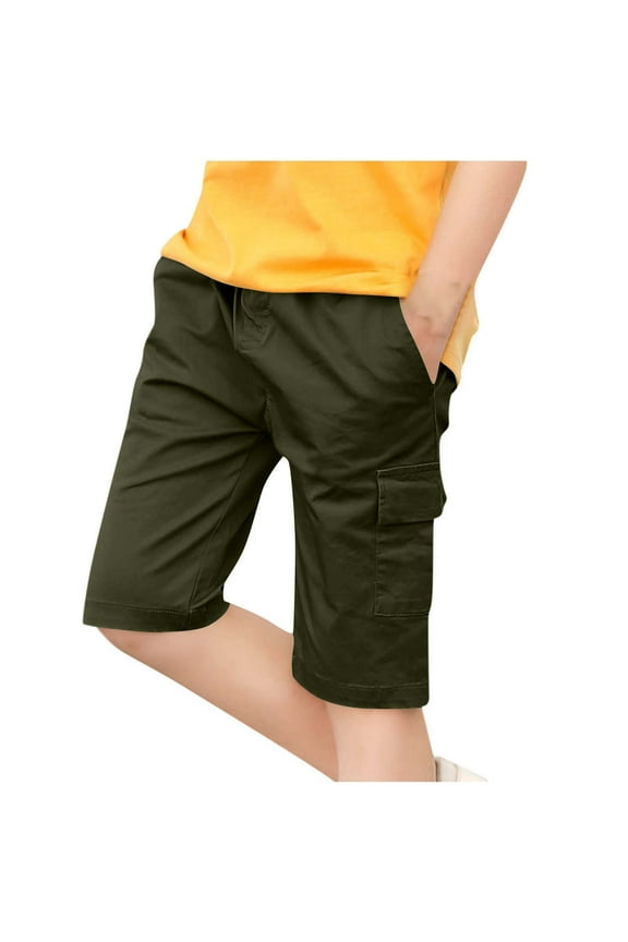 Cargo Shorts for Boys Straight Leg Athletic Hiking Short with Pockets Size 4-14 Juniors Teens Kids Solid Elastic Waist Workout Half Pants