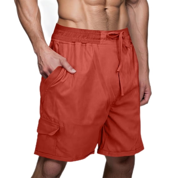 Cargo Shorts for Men 7" Cotton Linen Breathable Multi-Pockets Drawstring Elastic Waist Short Pants Fathers Gift