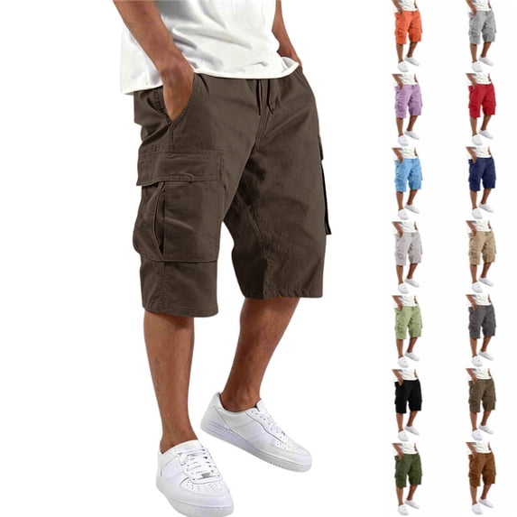Cargo Shorts for Men Below Knee Relaxed Fit Cotton Capri Cargo Shorts with Multi Pockets Long Tactical Shorts Summer,Brown,XL