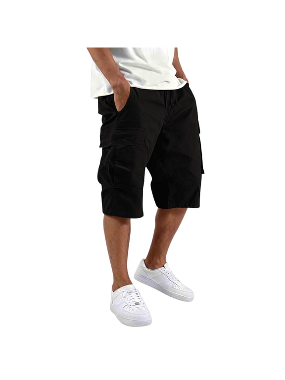 Cargo Shorts for Men Big and Tall Hiking Shorts Knee Length Workout Athletic Pants Plus Size Elastic Waist Short Pants Black 4XL