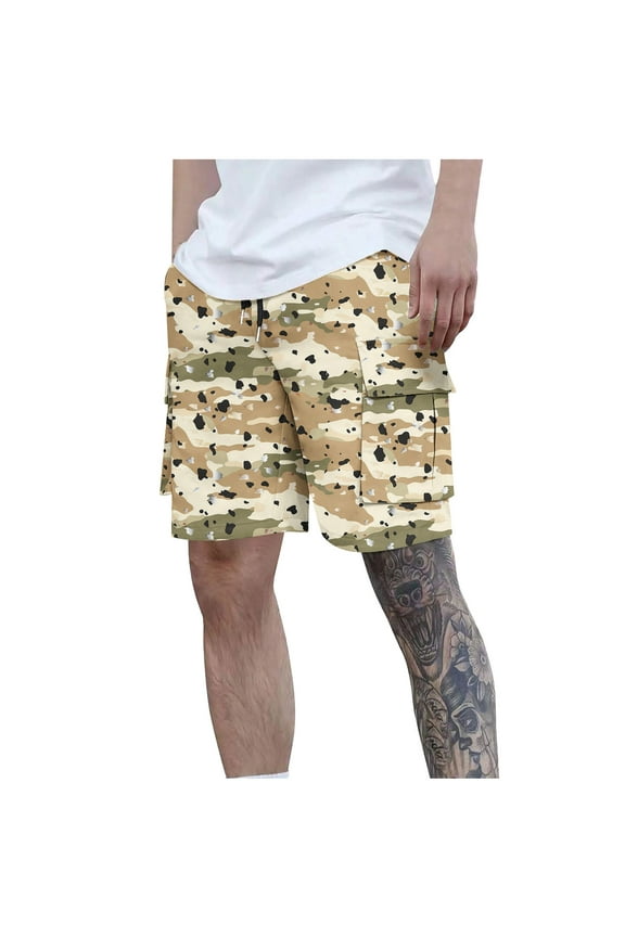 Cargo Shorts for Men Camouflage Elastic Waisted Drawstring Lightweight Stretch Tactical Work Shorts with Multi-Pocket Khaki L
