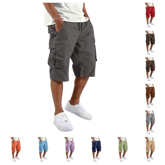 Cargo Shorts for Men Casual Below Knee Length Hiking Work Loose Fit Shorts Elastic Waistband Drawstring Athletic Shorts with Multi Pockets