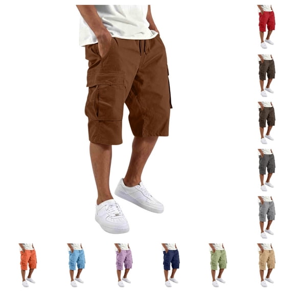 Cargo Shorts for Men Casual Below Knee Length Hiking Work Loose Fit Shorts Stretch Wasit Drawstring Athletic Shorts with Multi Pockets
