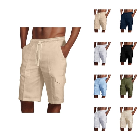 Cargo Shorts for Men Cotton Linen Lightweight Elastic Waist Straight Leg Relaxed Fit Beach Shorts with Pockets