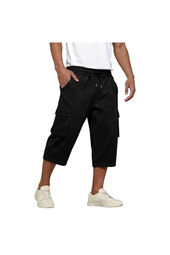 Cargo Shorts for Men Elastic Waist Baggy Capri Pants Lightweight Beach Shorts with Pockets Athletic Gym Pants Black 3XL