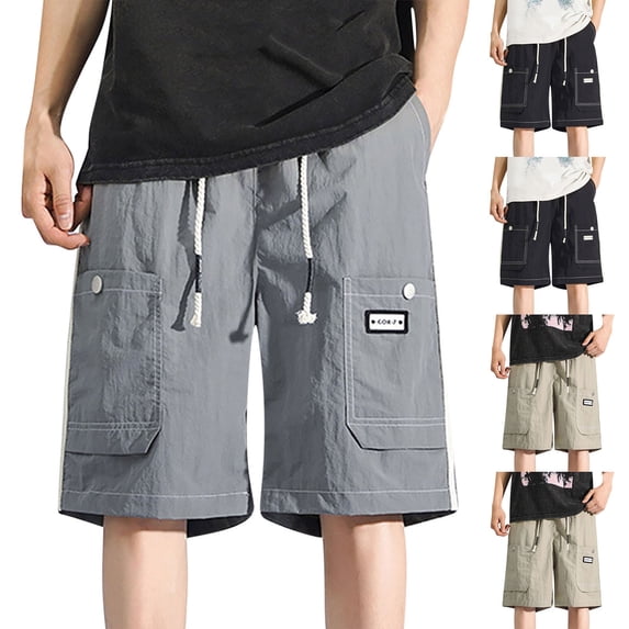 Cargo Shorts for Men Elastic Waist Bermuda Shorts with Button Pockets, L
