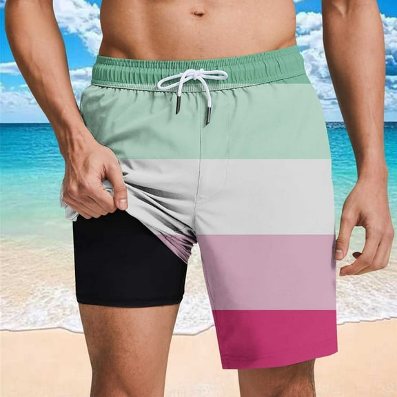 Cargo Shorts for Men Elastic Waist Casual Stripe Print Shorts with Pockets Beach Pants Hot Pink XL