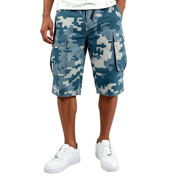 Cargo Shorts for Men Elastic Waist Drawstring Knee Length Bermuda Shorts with 4 Pockets Summer Hiking Outdoor Short Light Blue S