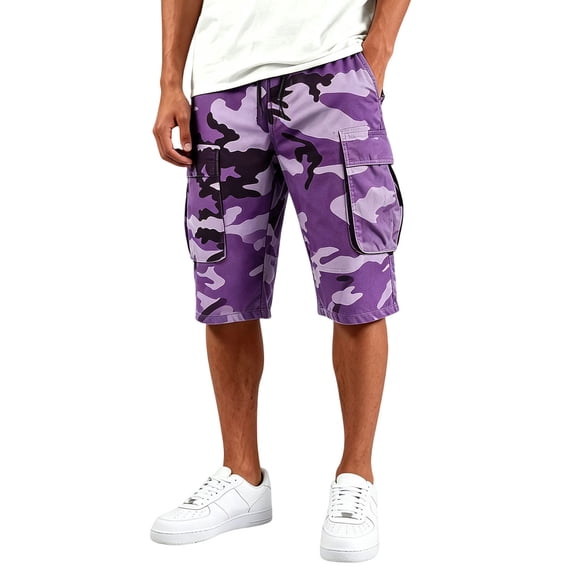 Cargo Shorts for Men Elastic Waist Drawstring Knee Length Bermuda Shorts with 4 Pockets Summer Hiking Outdoor Short Purple 4XL