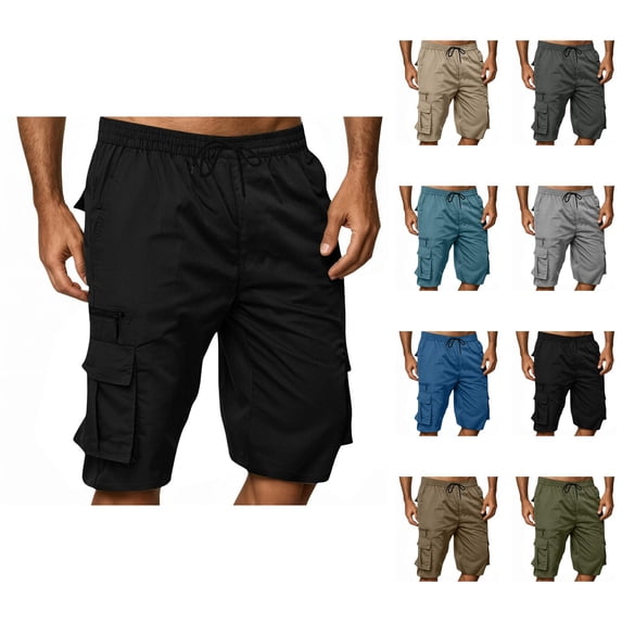 Cargo Shorts for Men Elastic Waist Summer Casual Straight Leg Knee Length Hiking Shorts with Pockets