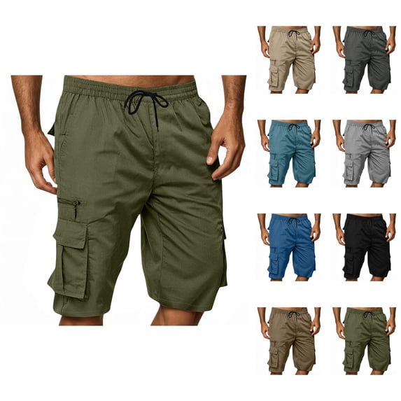 Cargo Shorts for Men Elastic Waist Summer Casual Straight Leg Knee Length Hiking Shorts with Pockets