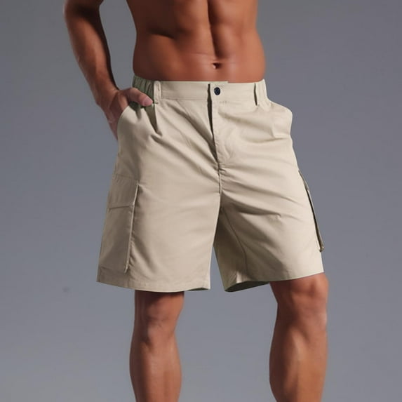 Cargo Shorts for Men Elastic Waist Zipper Casual Solid Shorts with Pocket Short Pants Khaki XL