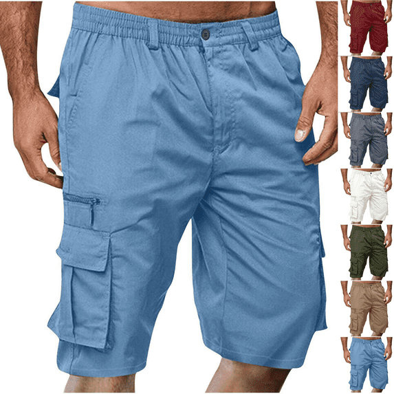 Cargo Shorts for Men Lightweight Elastic Waist Knee Length Pant Casual Summer Loose Fit Bermuda Shorts with Pockets Sky Blue XL
