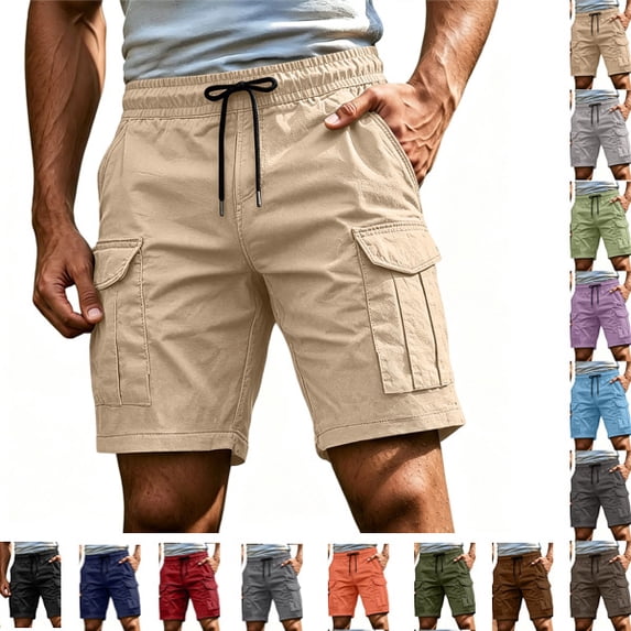 Cargo Shorts for Men Relaxed Loose Fit Drawstring Tactical Hiking Shorts Summer Carpenter Work Short Pockets,Khaki,S