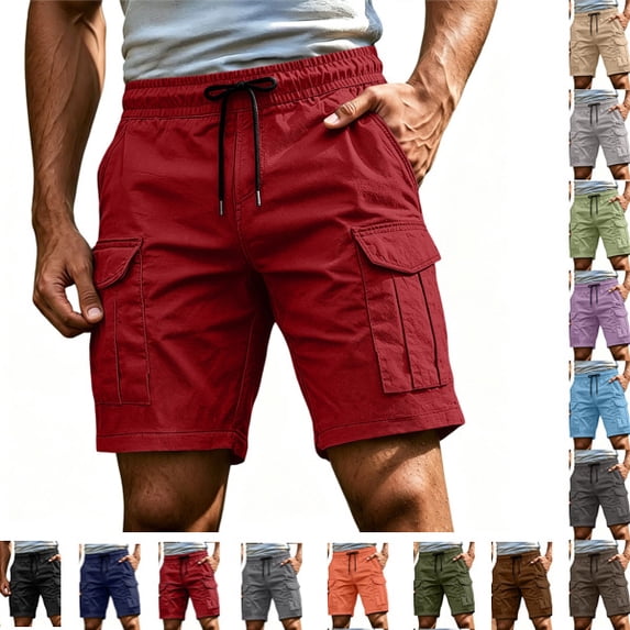 Cargo Shorts for Men Relaxed Loose Fit Drawstring Tactical Hiking Shorts Summer Carpenter Work Short Pockets,Red,M