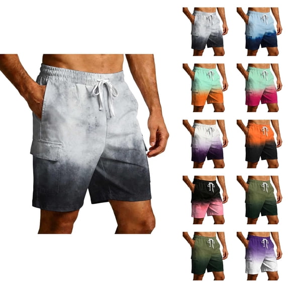 Cargo Shorts for Men Summer Casual Color Block Tie Dye Elastic Waist Straight Leg Beach Shorts with Pockets