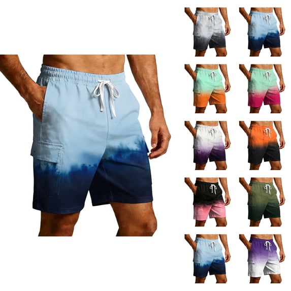 Cargo Shorts for Men Summer Casual Color Block Tie Dye Elastic Waist Straight Leg Beach Shorts with Pockets