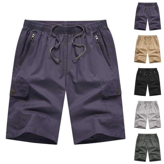 Cargo Shorts for Men Summer Casual Elastic Waist Straight Leg Loose Fit Knee Length Work Shorts with Pockets