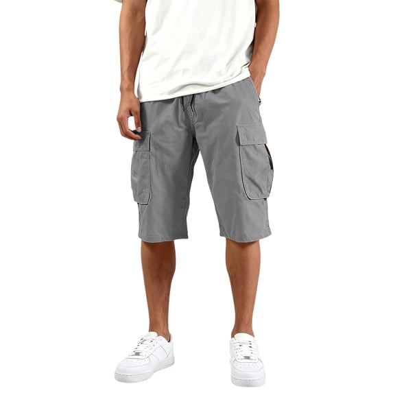 Cargo Shorts for Men Summer Knee Length Casual Stretch Drawstring Pant Solid Loose Fit Workout Hiking Athletic Shorts Gray 2XL