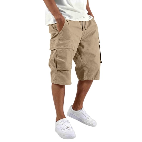 Cargo Shorts for Men Summer Work Hiking Pants Elastic Waist Knee Length with Pockets Khaki S