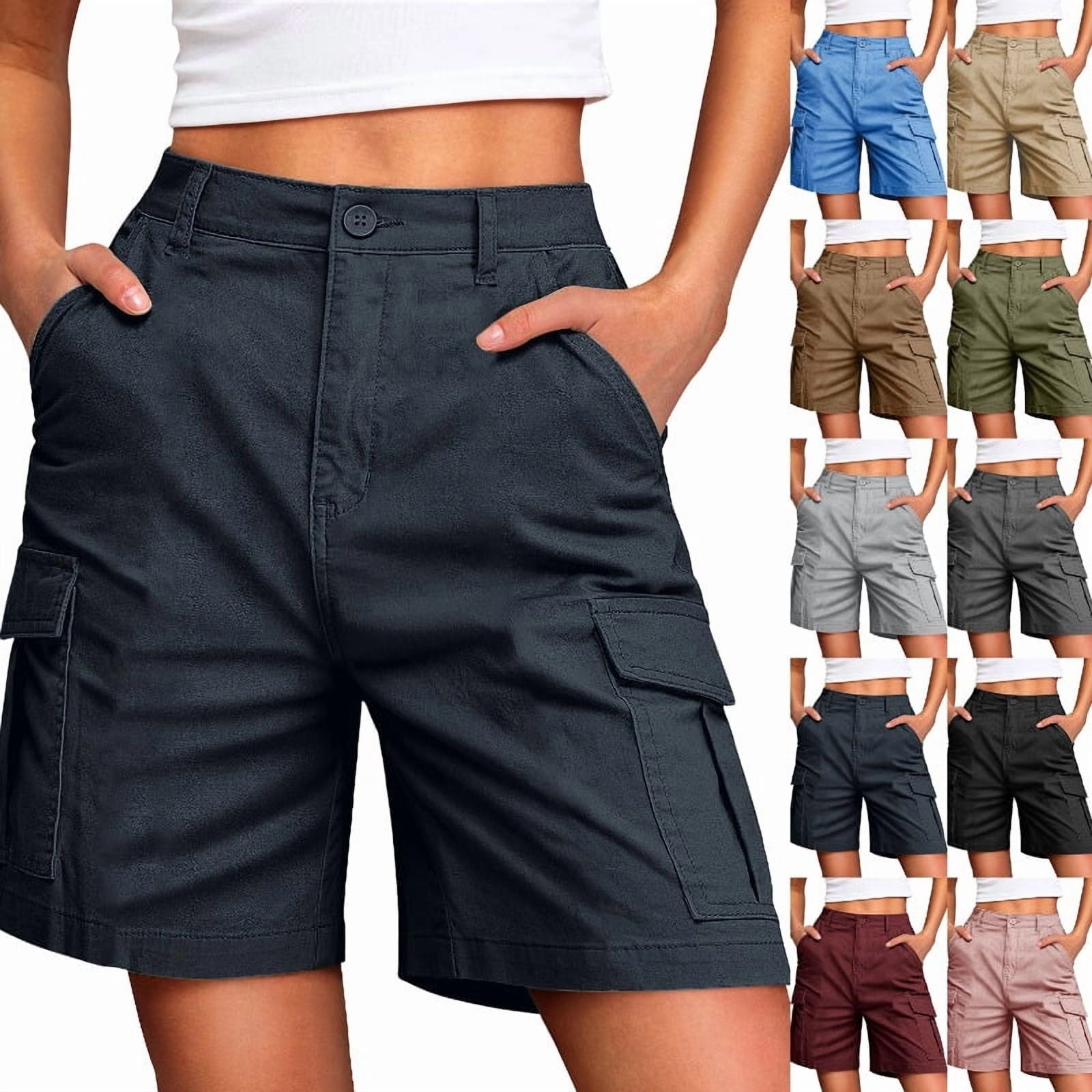 Cargo Shorts for Women Bermuda Knee Length Casual Solid High Waisted — free download