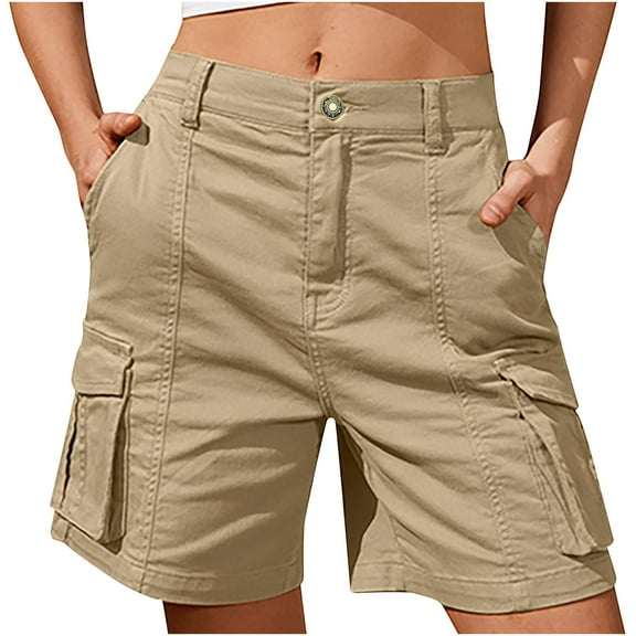 Cargo Shorts for Women Bermuda Shorts Elastic Waist Knee Length 6 Pockets Hiking Long Shorts for Summer Casual