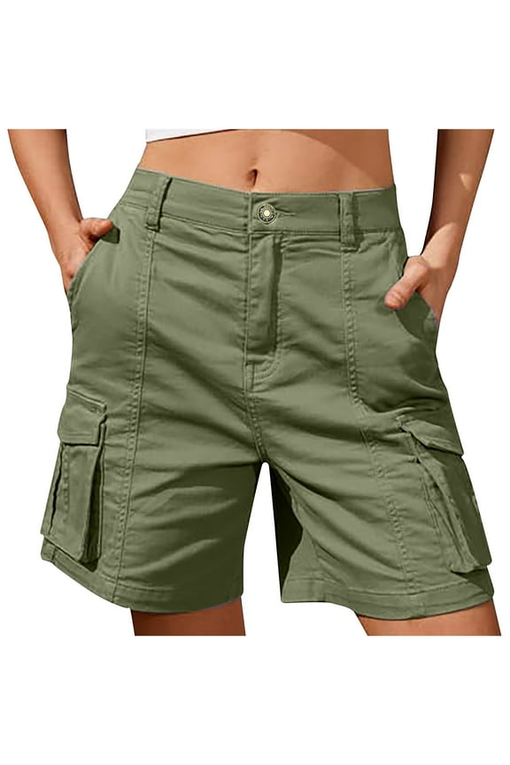 Cargo Shorts for Women Bermuda Shorts Elastic Waist Knee Length 6 Pockets Hiking Long Shorts for Summer Casual