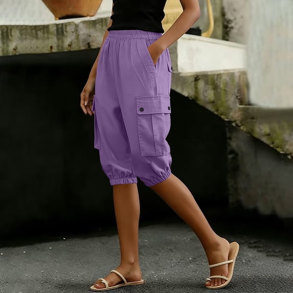 Cargo Shorts for Women Cotton Linen Knee Length Elastic Mid Wasited Tapered Leg Bermuda Short with Multi Pockets